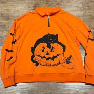 Halloween cat and pumpkin quarter zip orange and black XL sweater
